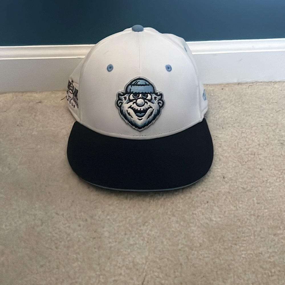 White and navy blue Sandusky bay ice climbers hat